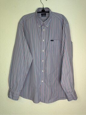 Faconnable Men's Blue‎ and Red Striped Button-Down Shirt, Size XL